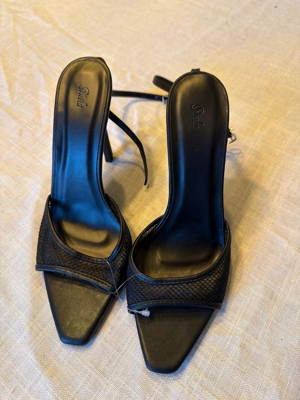 Shein Black Square Toe Mesh Stiletto Heels with Ankle Strap